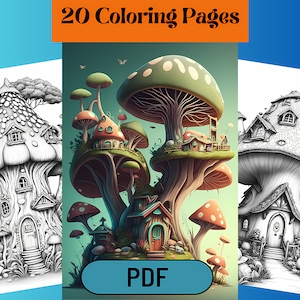20 Fantasy Mushroom House Coloring Pages: Grayscale Fairy Tale (PDF)