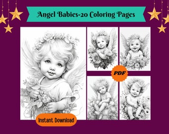 Engel Babys Malseiten: 20 Graustufen Illustrationen (Digitaler Download)