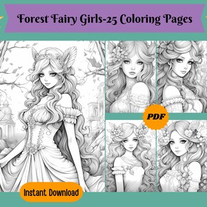 Forest Fairy Girls Coloring Pages: Anime Style Grayscale (Printable PDF)