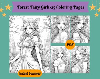 Forest Fairy Girls Coloring Pages: Anime Style Grayscale (Printable PDF)