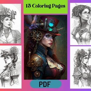 Steampunk Women Grayscale Coloring Pages for Adults-Victorian Era Fashion Adult Coloring Book, Printable Digital Download, Instant Download