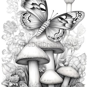 May include: A black and white pencil drawing of a butterfly perched on a mushroom with other mushrooms and flowers in the background.