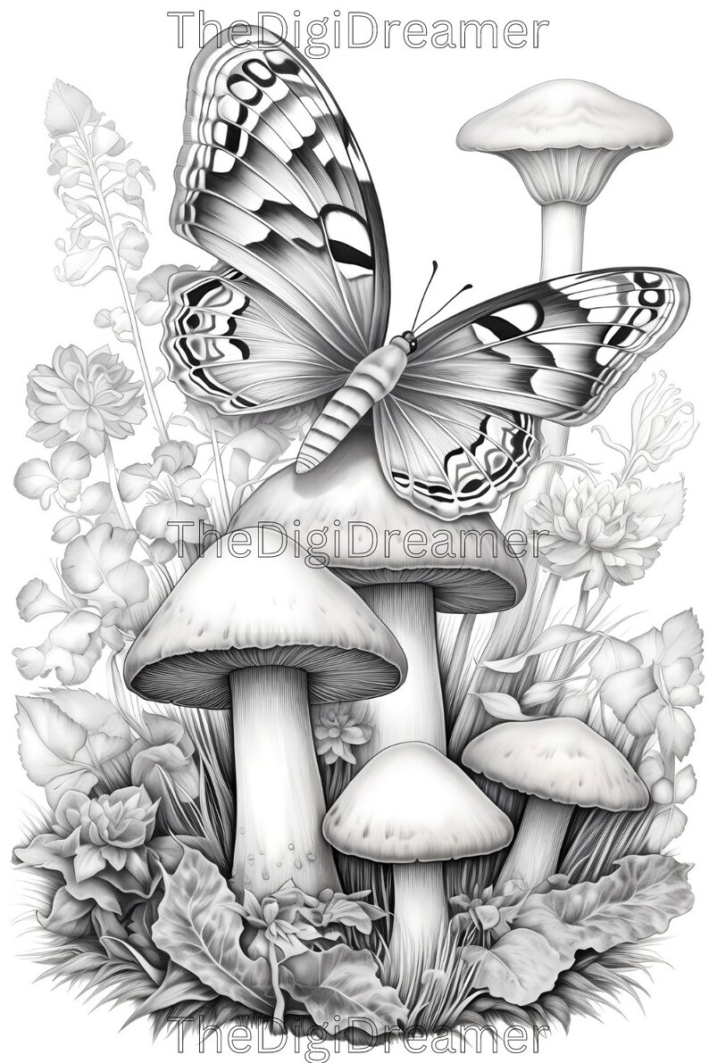 May include: A black and white pencil drawing of a butterfly perched on a mushroom with other mushrooms and flowers in the background.
