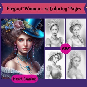 Enchanting Elegant Women Grayscale Coloring Pages For Adults, Victorian Women Coloring Pages, Instant Download, Printable PDF