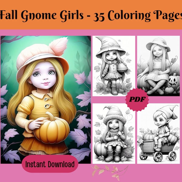 35 Fall Gnome Girls - Pages de coloriage imprimables en niveaux de gris pour adultes et enfants, pages de coloriage pour adultes, téléchargement numérique, PDF imprimable