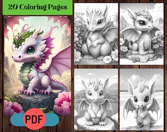 Dragon Coloring Pages: Fantasy Landscapes Grayscale Art (Printable PDF)