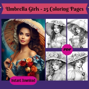 Beautiful Vintage Umbrella Girls Grayscale Coloring Pages For Adults & Kids, Instant Download, Digital Coloring Pages, Printable PDF