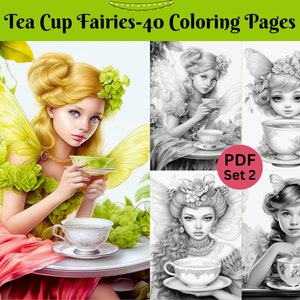 40 Tea Cup Fairies Set 2-Grayscale Printable Coloring Pages For Adults & Kids, Adult Colouring Books, Digital Download, Printable PDF