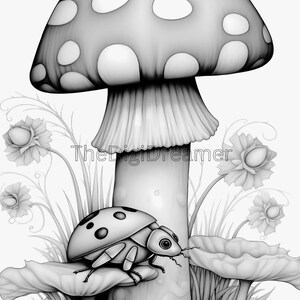 May include: A black and white illustration of a ladybug crawling on a mushroom with white spots. The mushroom is surrounded by grass and flowers.