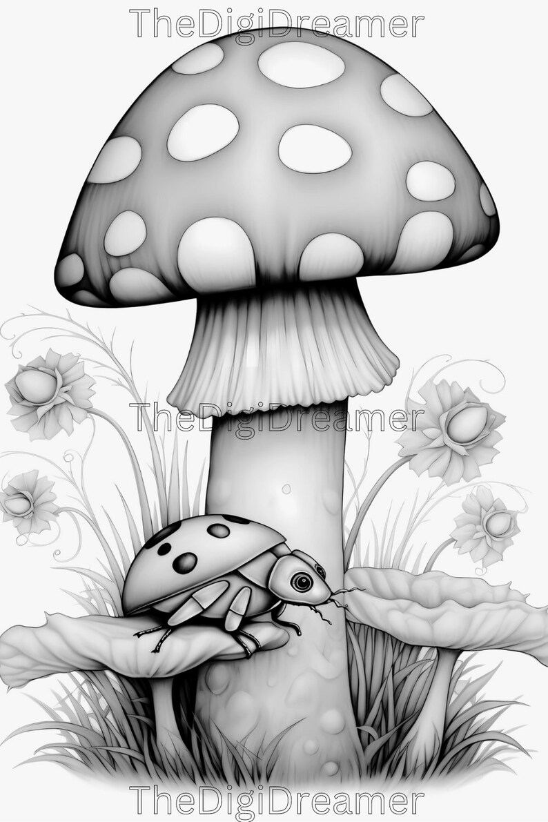 May include: A black and white illustration of a ladybug crawling on a mushroom with white spots. The mushroom is surrounded by grass and flowers.