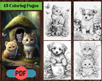 Puppies and Kittens Grayscale Coloring Pages: Pet Lovers (Printable PDF)