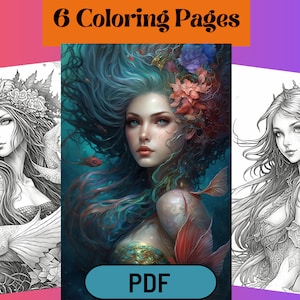 6 Printable Fantasy Mermaids Grayscale Coloring Pages for Adults,Mythical Mermaid Coloring Pages,Instant Download 6 Coloring Pages