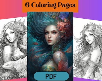 6 Printable Fantasy Mermaids Grayscale Coloring Pages for Adults,Mythical Mermaid Coloring Pages,Instant Download 6 Coloring Pages