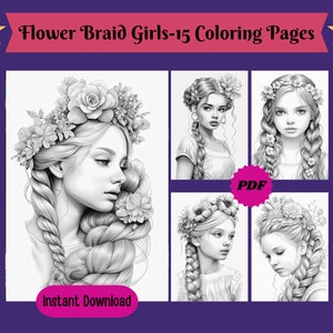 15 Printable Serene Flower Braid Girls - Grayscale Coloring Pages for Adults & Kids, Instant Download