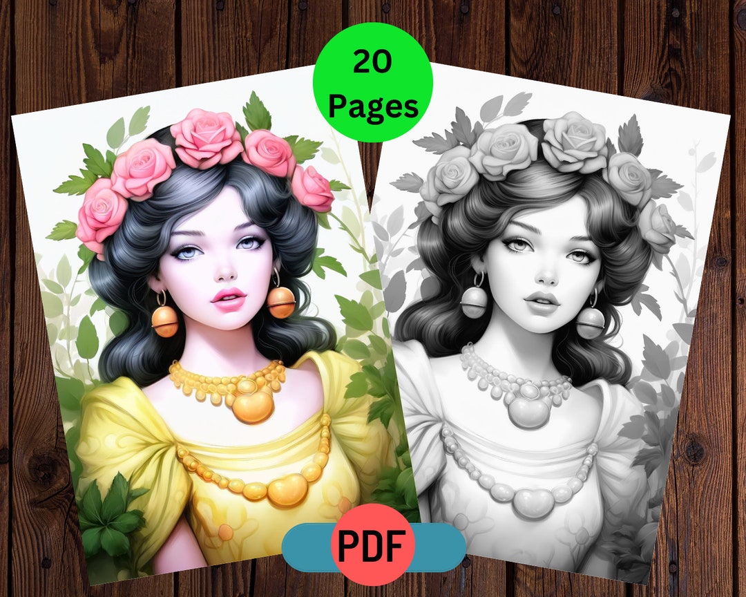 20 Printable Flower Queens Grayscale Coloring Pages for Adults, Woman ...
