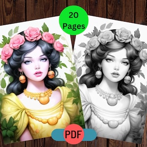 20 Printable Flower Queens Grayscale Coloring Pages For Adults, Woman Coloring Pages, Instant Download, Digital Coloring Pages