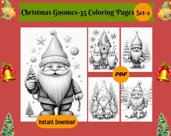 35 páginas para colorear de gnomos navideños: ilustraciones en escala de grises (PDF imprimible)