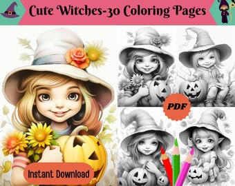 Puede incluir: Un conjunto de 30 páginas para colorear imprimibles con lindas brujas con calabazas y flores. Las páginas están en blanco y negro y son perfectas para niños de todas las edades. El texto "Cute Witches-30 Coloring Pages" y "PDF" es visible en la imagen.