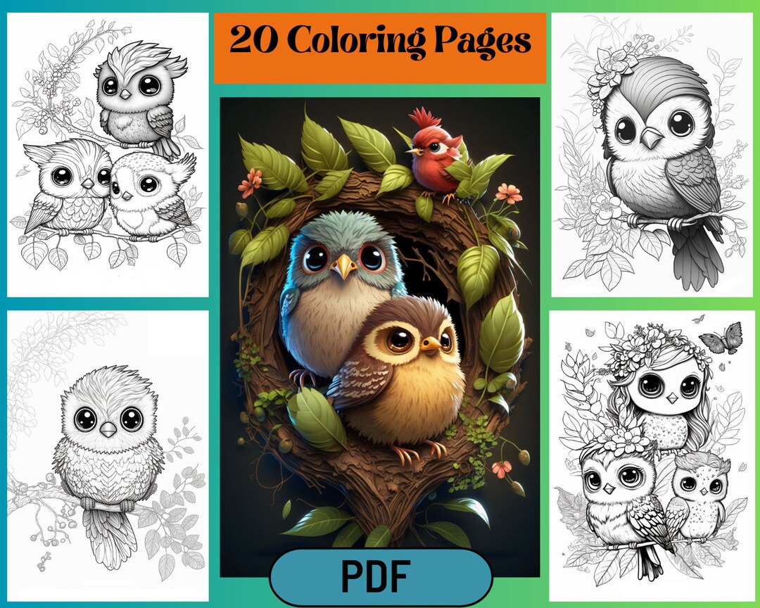 20 Printable Adorable Cute Chirping Woodland Birds Grayscale Coloring ...