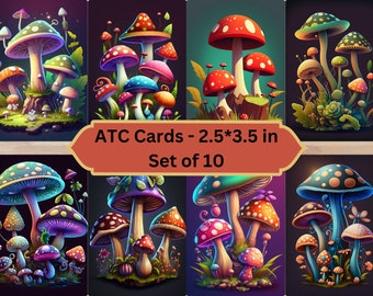 Fantasy Mushrooms-Printable ATC Cards, Set Of 10, Journaling Supplies, Card making, Scrapbooking, Digital Download