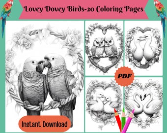 Lovey Dovey Birds Coloring Pages: 20 Grayscale Designs (Printable PDF)