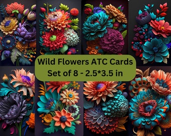 Wild Flowers-Printable ATC Cards, Set of 8, Journaling Supplies, Card making, Scrapbooking, Digital Download