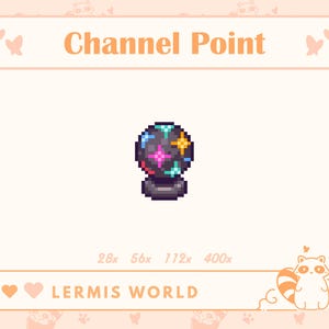 Puede incluir: Una ilustración de píxeles de una bola de discoteca con una base negra y luces de colores. El texto "Channel Point" está por encima de la bola de discoteca y el texto "LERMIS WORLD" está por debajo de la bola de discoteca.