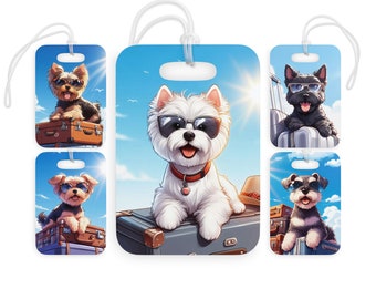 Dog Luggage Tag Westie Yorkie Morkie Scottie Schnauzer on Vacation Bag Tags Dog Travel Accessories Personalized Pet ID Custom Suitcase Tag