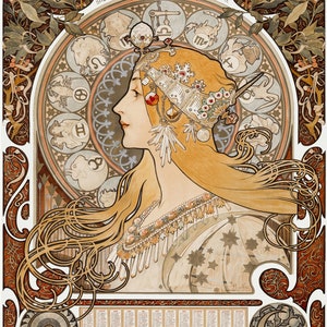 Zodiaque lub La plume, plakat w stylu vintage wykonany przez Alphonse'a Muchę, secesja, grafika ścienna do druku