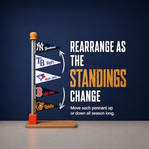 May include: A vertical metal display stand with a wooden base and orange brick-style accent, featuring five triangular baseball team pennants arranged in a column. Text reads: REARRANGE AS THE STANDINGS CHANGE. Move each pennant up or down all season long.