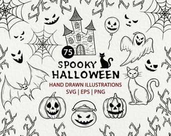 Paquete de archivos SVG de Halloween: imágenes prediseñadas espeluznantes, diseños de arte lineal dibujados a mano (descarga digital)