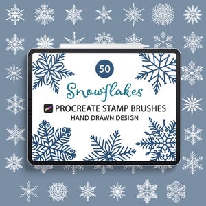 May include: A digital tablet screen displaying a set of 50 hand-drawn snowflake Procreate stamp brushes. The text "Snowflakes" is written in a decorative font. The text "Procreate Stamp Brushes" and "Hand Drawn Design" are also displayed on the screen. The tablet is surrounded by a border of white snowflake illustrations.