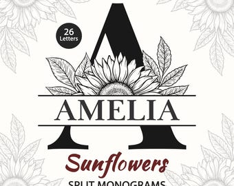 Sunflower Split Monogram SVG Bundle: Floral Alphabet (Digital Download)