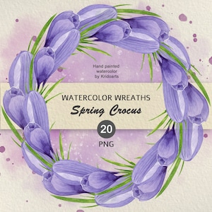 Couronnes de fleurs Aquarelle peinte à la main Cadres de fleurs de printemps Crocus aquarelle Clipart Violet Cartes postales Invitations Décoration de Pâques Png