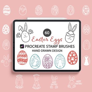 May include: A digital tablet displays a collection of 60 Easter egg designs, Procreate stamp brushes, and the text "Hand Drawn Design." The eggs feature various patterns and bunny illustrations. The background is a soft pink.