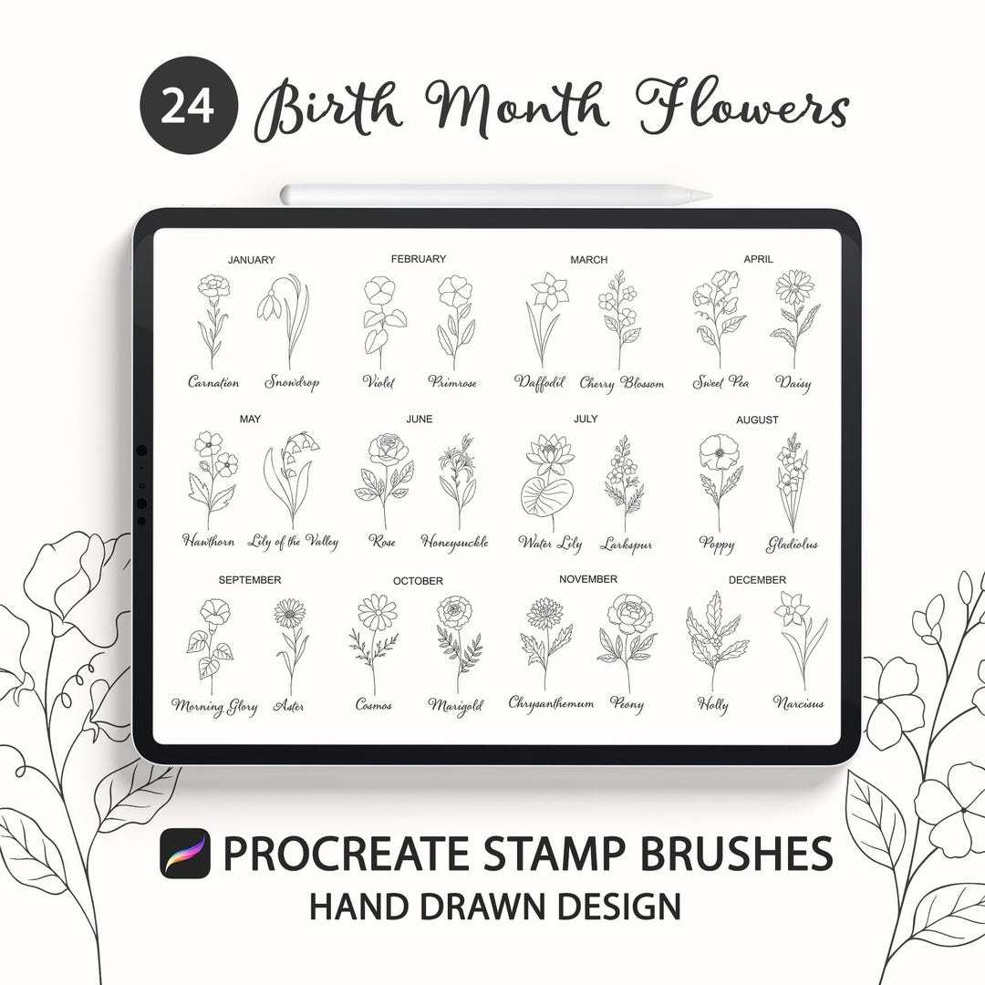 Birth Month Flowers: Fineline Procreate Stamp Brushes - Etsy