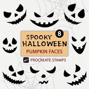Puede incluir: Ocho ilustraciones de caras de calabaza de Halloween espeluznantes en blanco y negro para sellos de Procreate. El texto dice "Spooky Halloween Pumpkin Faces" y "Procreate Stamps".