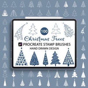 May include: A digital illustration of a tablet displaying a collection of 100 Christmas tree designs. The tablet is surrounded by various tree illustrations in white. The text on the tablet reads "Christmas Trees" and "Procreate Stamp Brushes".
