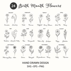 以下が含まれることがあります： 24の誕生月の花を描いた白黒イラスト。カーネーション、バラ、デイジーなどの花のデザインで、各花の名前が記されています。「HAND DRAWN DESIGN」の文字とファイル形式のオプションも含まれています。