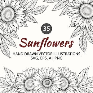 Pacote de Girassóis SVG, Girassóis Desenhados à Mão, Clipart de Arte Floral, Buquês de Flores Silvestres, Girassóis de Contorno, SVG Botânico, Girassol PNG