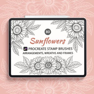 Sellos de girasol para Procreate, paquete de pinceles de girasol, sellos de flores dibujadas a mano, sellos de tatuajes botánicos, sellos florales, coronas de girasol