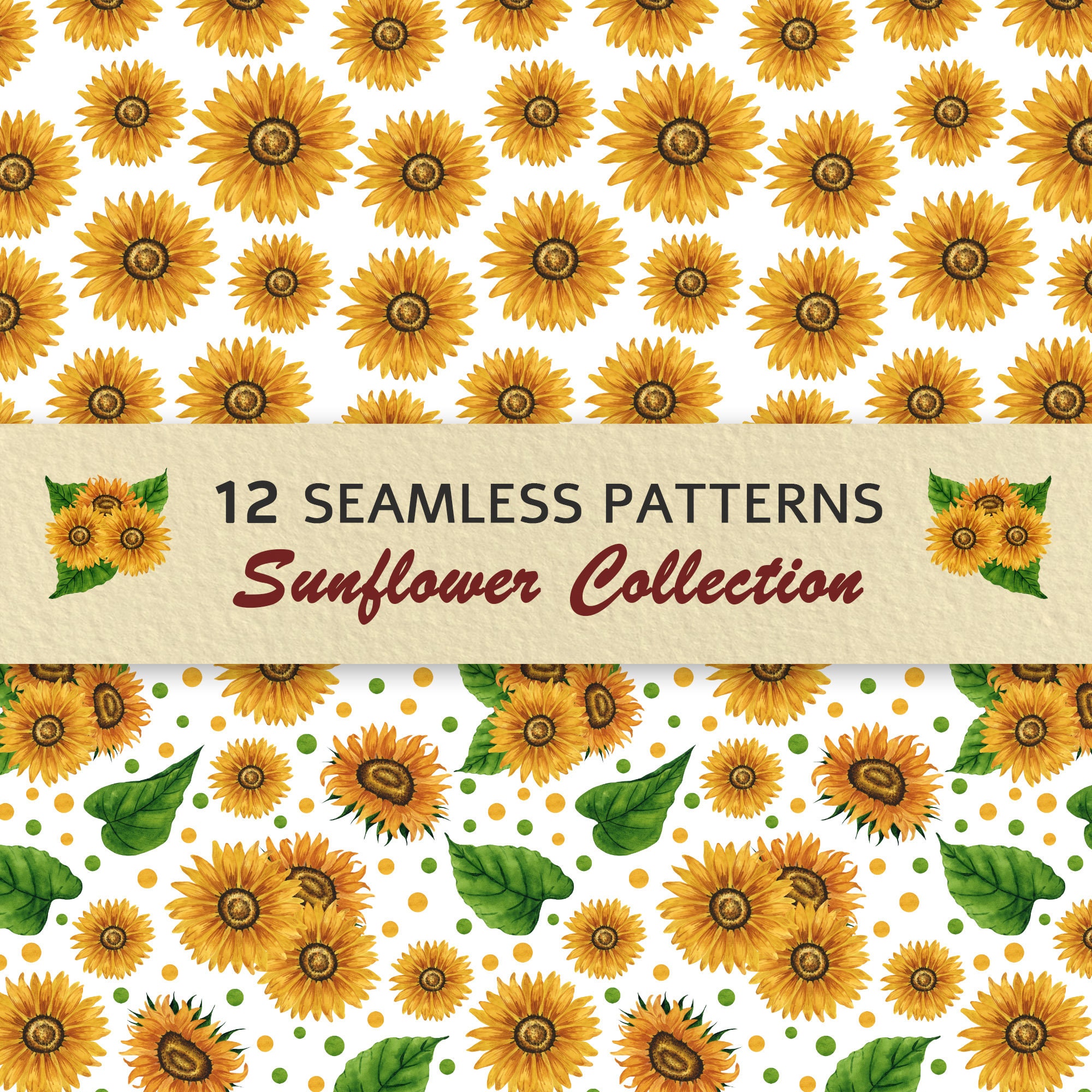 Watercolor Sunflower Seamless Patterns: Floral Digital Paper Pack ...