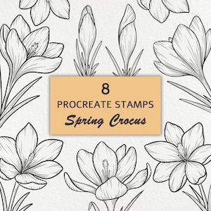 Peut inclure: Huit dessins au trait en noir et blanc de crocus, y compris des fleurs ouvertes et fermées. Le texte "8 Procreate Stamps Spring Crocus" est sur un rectangle beige.