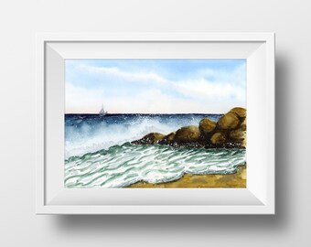 From 17 euros - sea with rocks, seascape watercolor painting, sea art - watercolor art print without frame, fine art print, wall decoration, wall art