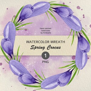 Couronne de fleurs aquarelle peinte à la main cadre de fleurs de printemps Crocus aquarelle Clipart violet Cartes postales Invitations Décoration de Pâques Png N2