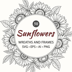 Pacote de Molduras de Girassol SVG, Guirlandas de Flores SVG, Girassol PNG, Molduras de Flores Silvestres, Guirlandas de Outono, Arte Botânica para Convites de Casamento