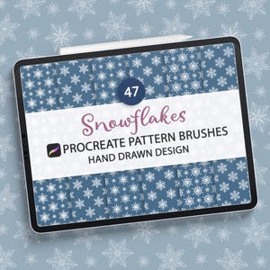 May include: A digital tablet screen displaying 47 snowflake patterns for Procreate pattern brushes. The patterns are hand-drawn and feature white snowflakes on a blue background. The text "Snowflakes" and "Procreate Pattern Brushes" is displayed in pink.
