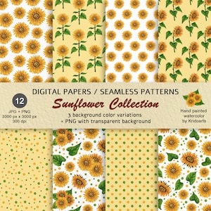 Pack de motifs sans couture tournesol papiers numériques aquarelle florale papiers de scrapbooking tournesol fleurs jaunes d'été fond imprimable