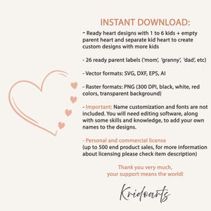 K&ouml;nnte beinhalten: Sofortiger Download von Herzdesigns zum Erstellen von Familienportraits. Enth&auml;lt 1 bis 6 Kinder, ein leeres Elternherz, ein separates Kinderherz und 26 vorgefertigte Eltern-Etiketten. Vektorformate: SVG, DXF, EPS, AI. Rasterformate: PNG (300 DPI, Schwarz, Wei&szlig;, Rot, transparente Hintergrund).  Die Namensanpassung und Schriftarten sind nicht enthalten. Pers&ouml;nliche und kommerzielle Lizenz (bis zu 500 Verk&auml;ufe von Endprodukten).
