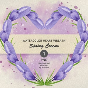 Corona de flores de acuarela pintada a mano con forma de corazón, marco de flores de primavera, clipart de azafrán, postales de acuarela, invitaciones, día de San Valentín, PNG